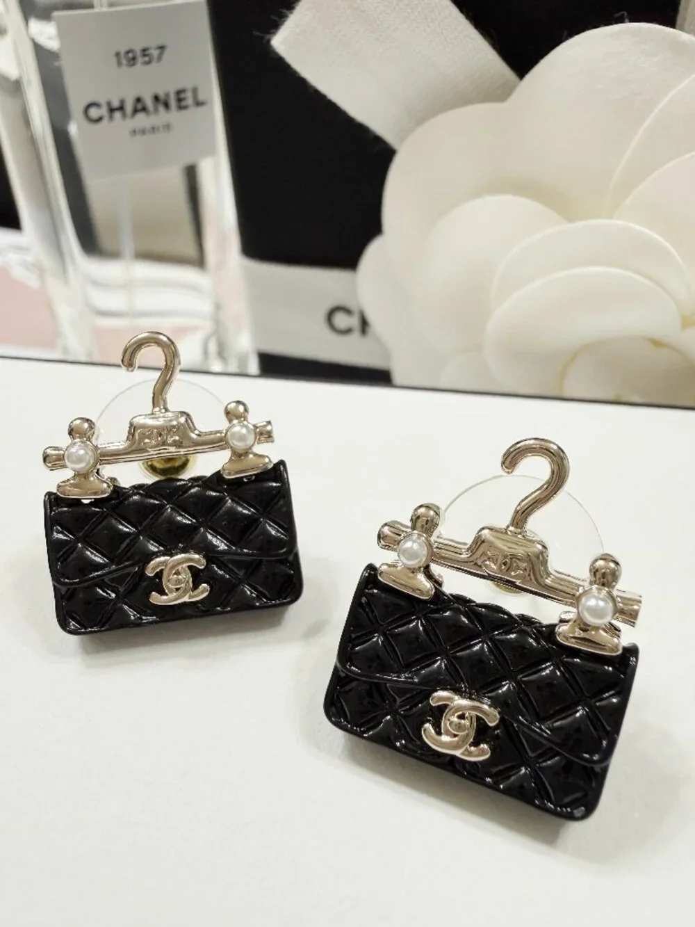 CHANEL Black Quilted Bag Hanger CC Stud Earrings